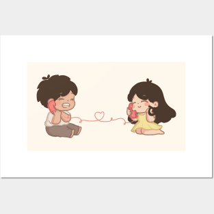 Chibi couple on a phone call Posters and Art